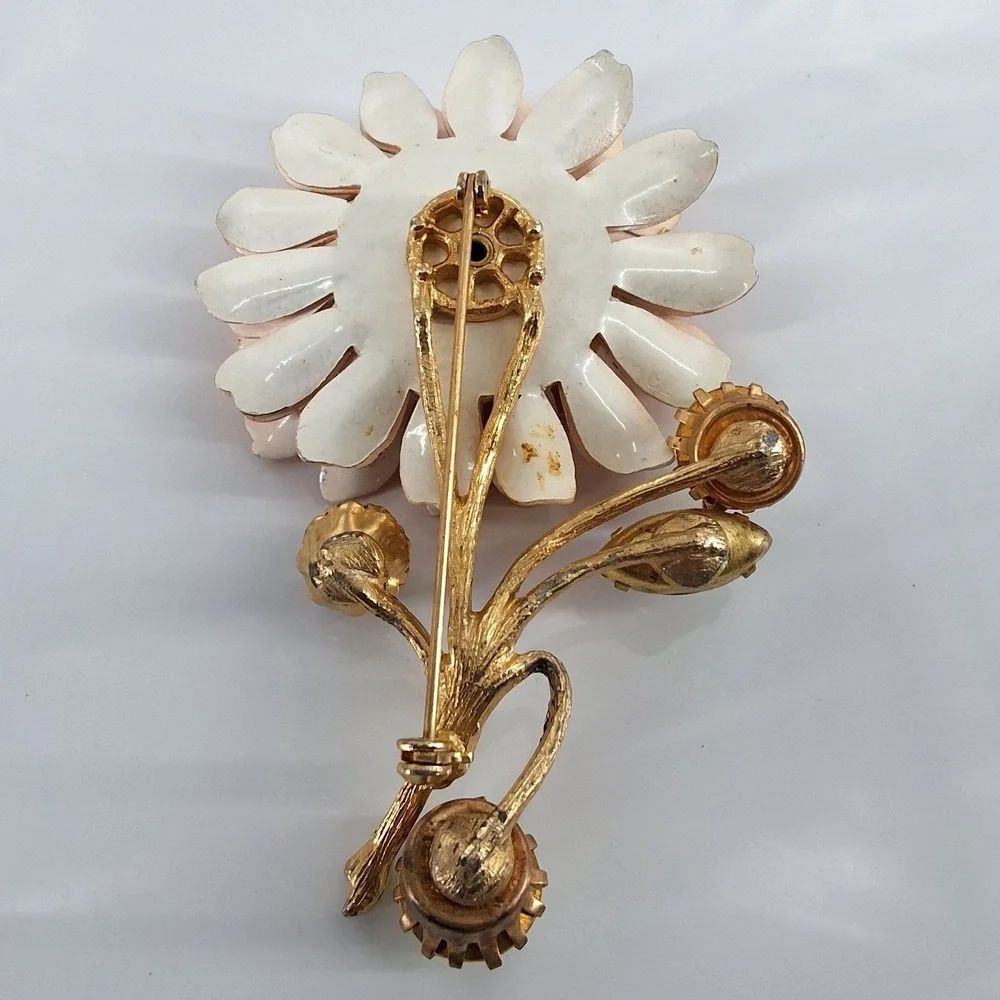 Vintage 1960s Orange Enamel Flower Brooch Large Mod Poppy‎ Rhinestone Gold Tone